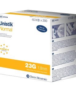Owen Mumford Unistik 2 Safety Lancet, 23 Gauge, Retractable, Push Button Activation, 1.8 mm (Pack of 200)