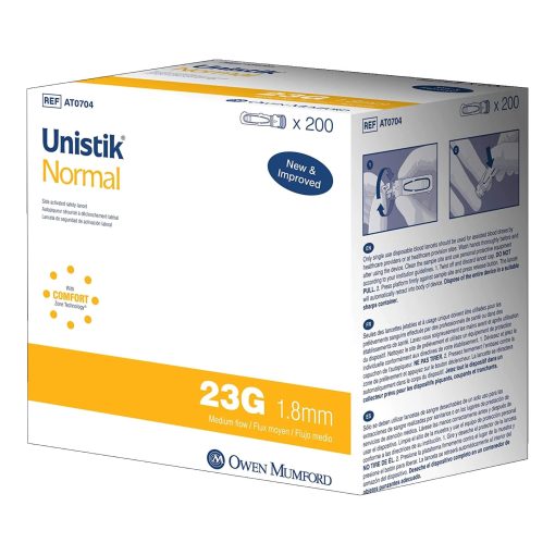 Owen Mumford Unistik 2 Safety Lancet, 23 Gauge, Retractable, Push Button Activation, 1.8 mm (Pack of 200)